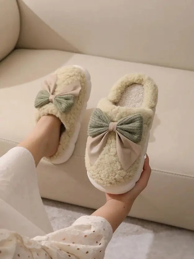 Women Winter Fur House Bow Room Slippers