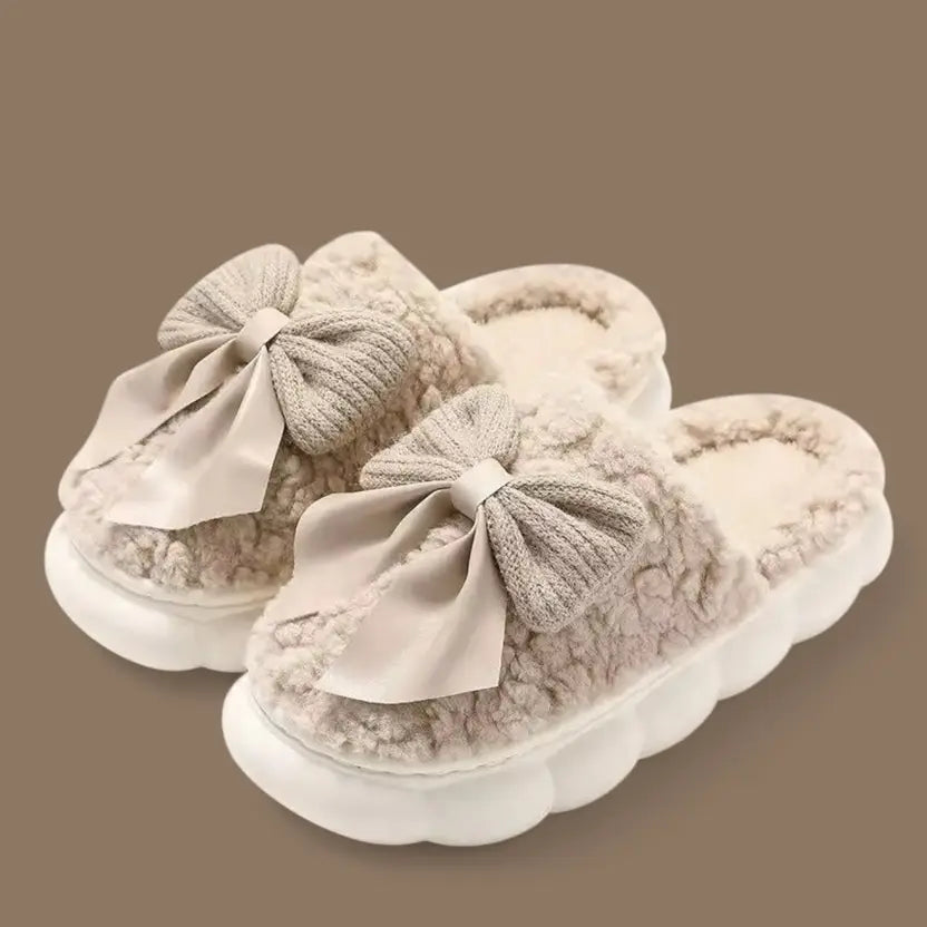 Women Winter Fur House Bow Room Slippers