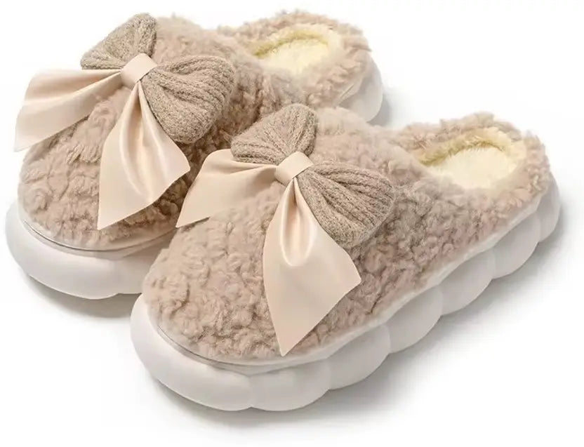 Women Winter Fur House Bow Room Slippers