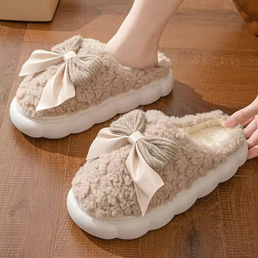 Women Winter Fur House Bow Room Slippers