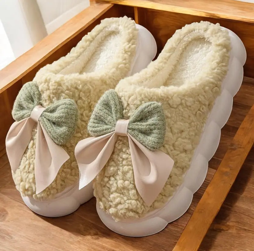 Women Winter Fur House Bow Room Slippers