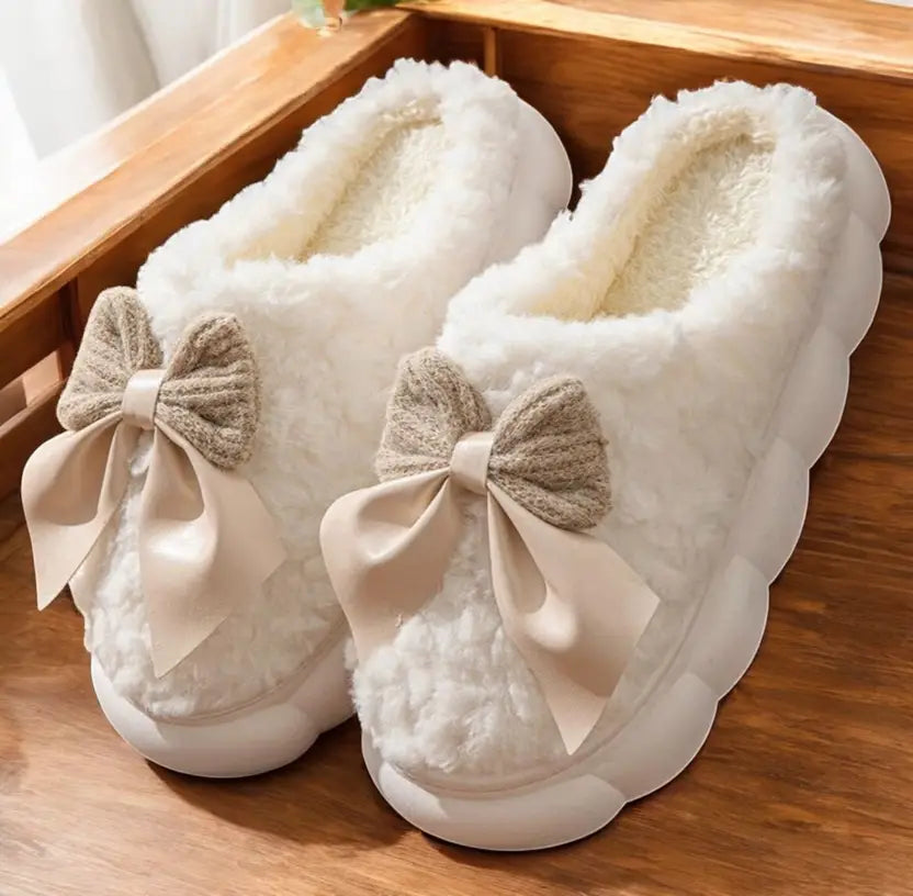 Women Winter Fur House Bow Room Slippers