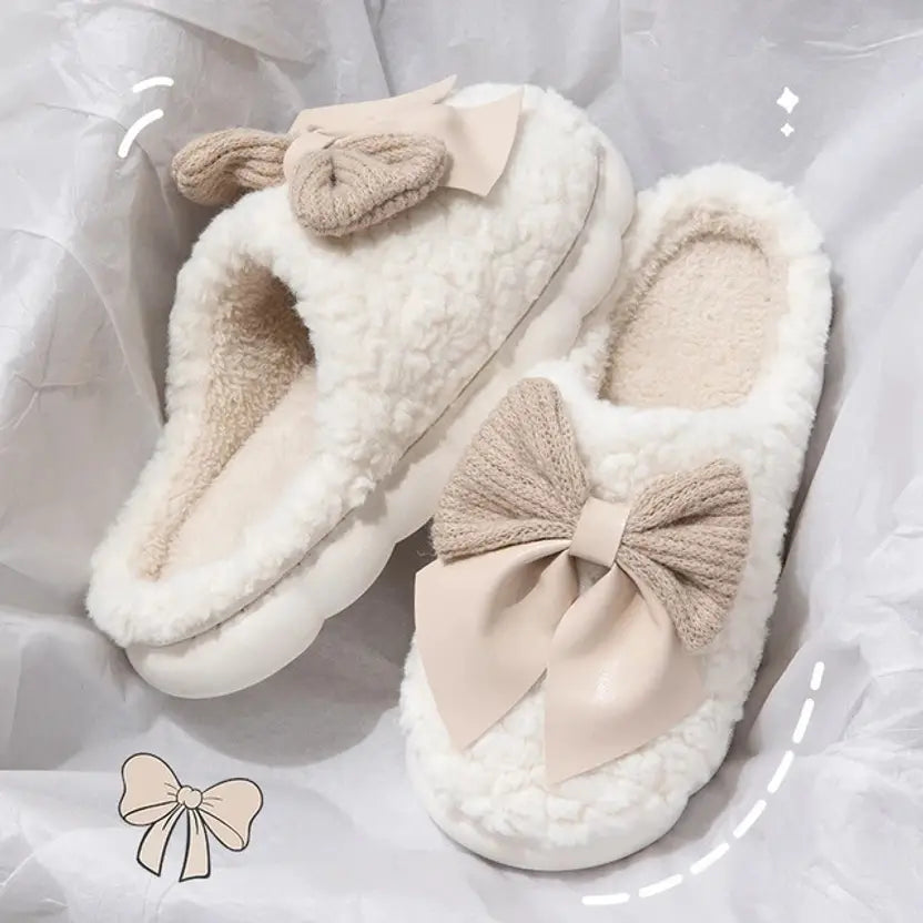Women Winter Fur House Bow Room Slippers