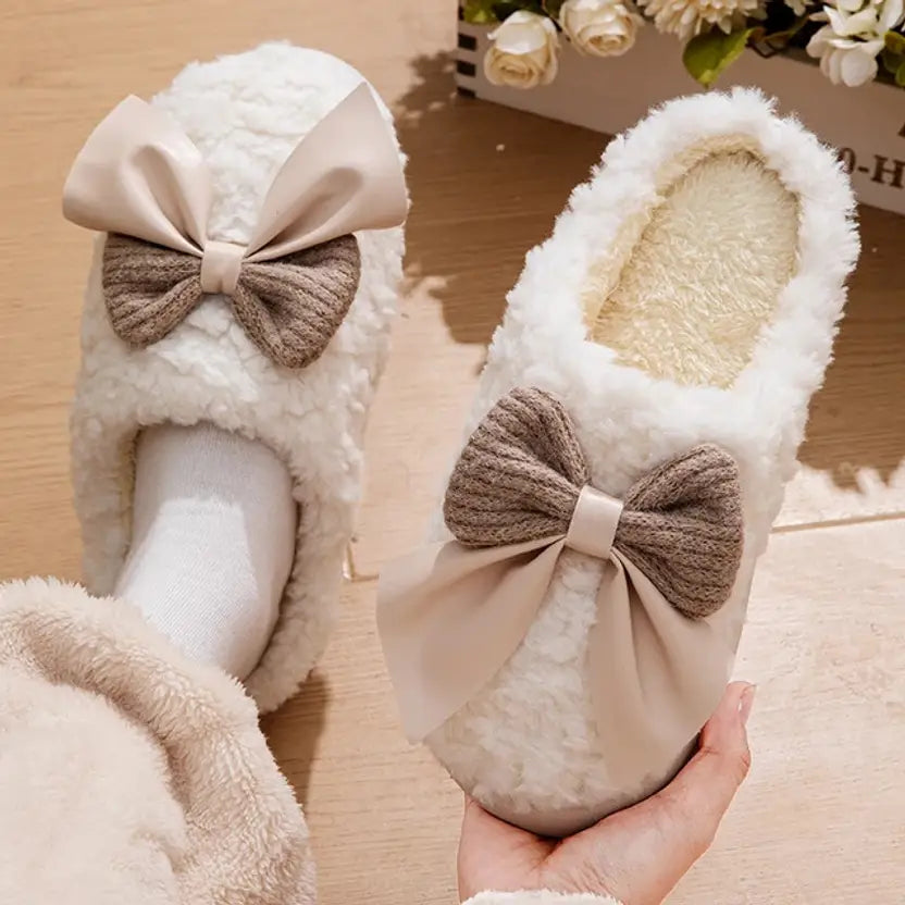 Women Winter Fur House Bow Room Slippers