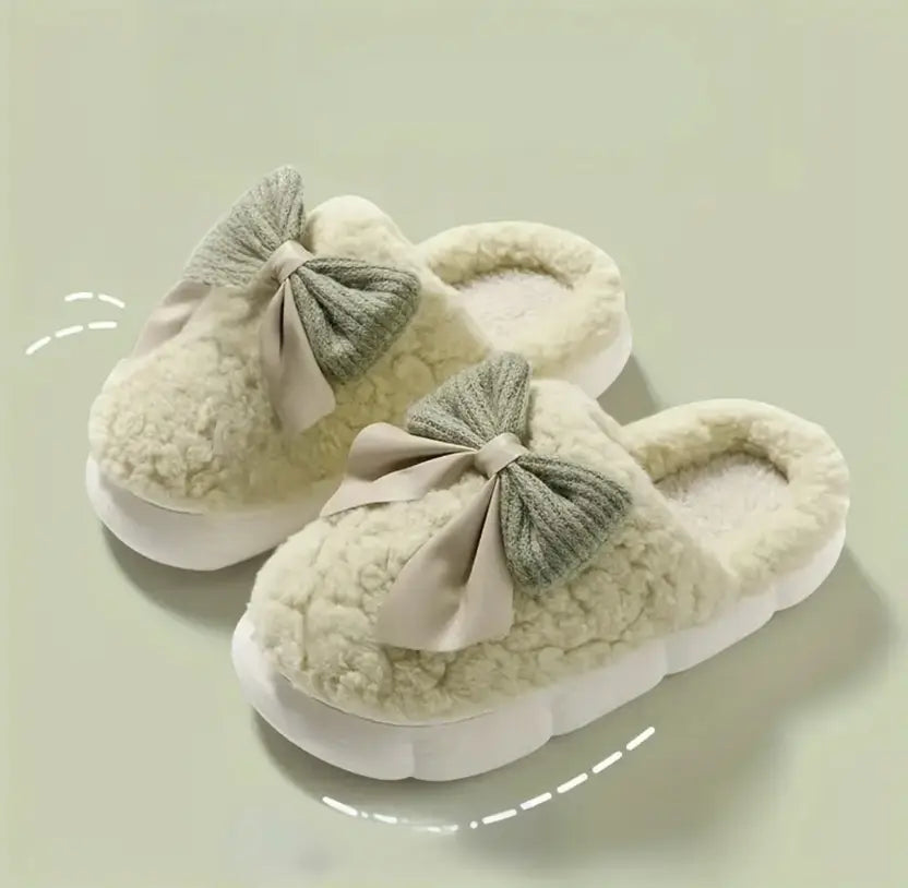 Women Winter Fur House Bow Room Slippers