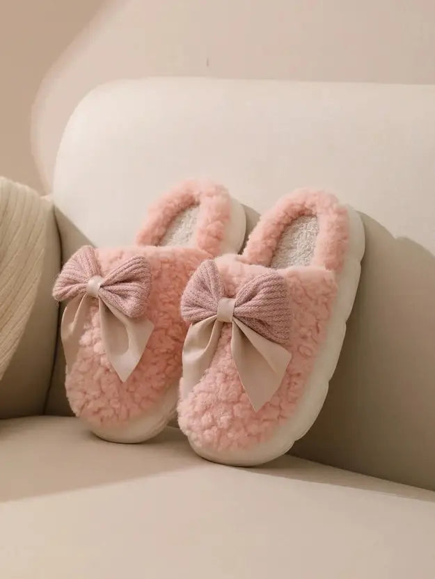 Women Winter Fur House Bow Room Slippers