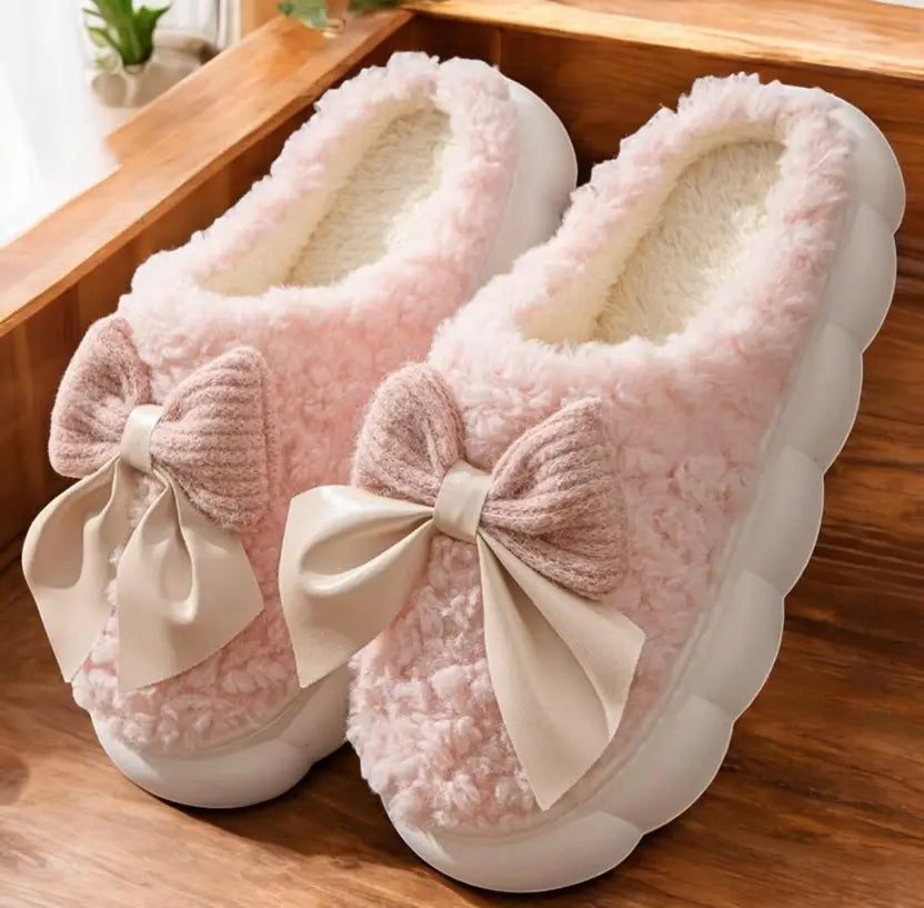 Women Winter Fur House Bow Room Slippers