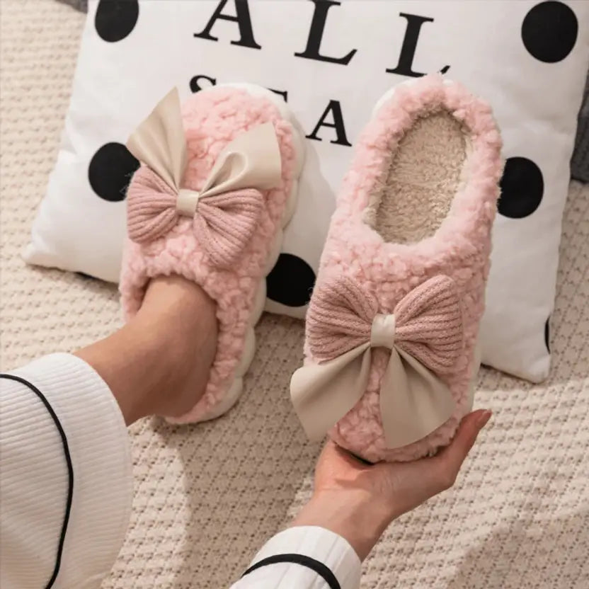 Women Winter Fur House Bow Room Slippers