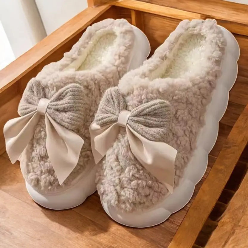 Women Winter Fur House Bow Room Slippers
