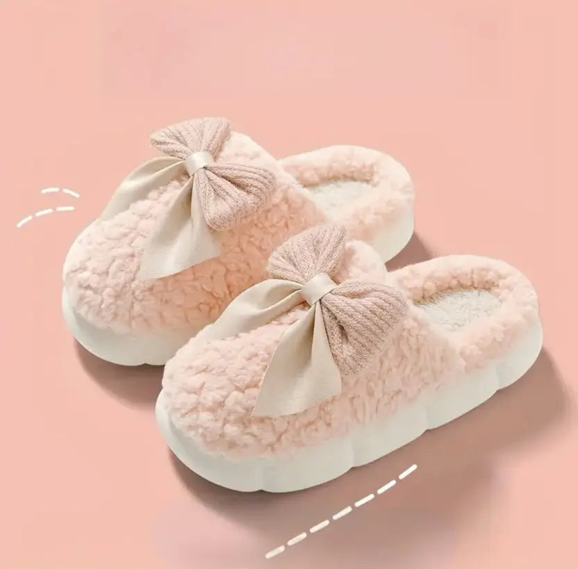 Women Winter Fur House Bow Room Slippers